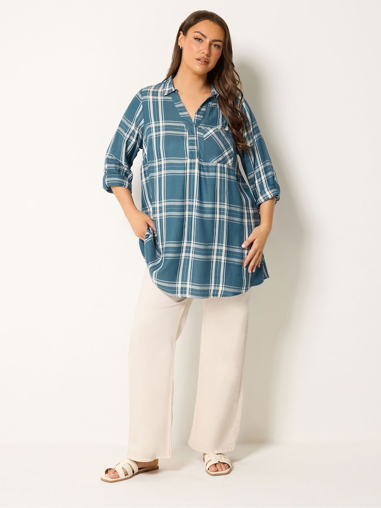 Yours Curve Blue Overhead Check Shirt - Image 2 of 5 Yours Curve Blue Overhead Check Shirt - Image 2 of 5