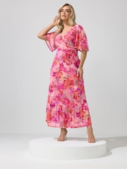 Розовый - Платье с запахом, оборкой по краю и цветочным принтом Yours Curve London - Изображение 1 5
