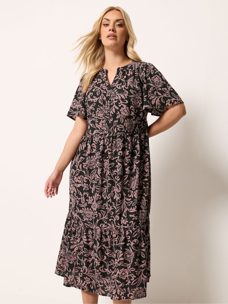 Yours Curve Black Chrome Placket Tiered Dress - Image 1 of 5 Yours Curve Black Chrome Placket Tiered Dress - Image 1 of 5