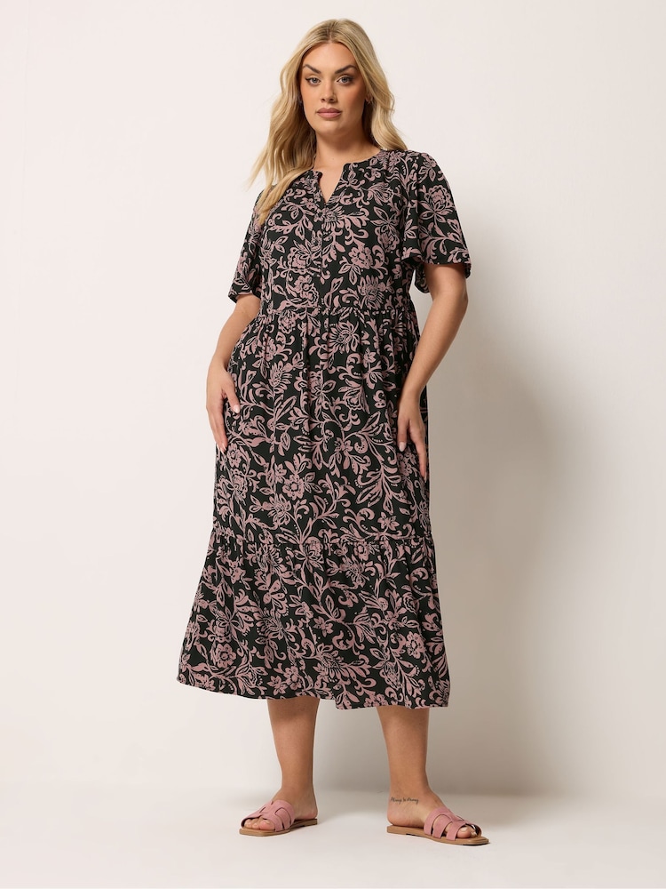 Yours Curve Black Chrome Placket Tiered Dress - Image 2 of 5 Yours Curve Black Chrome Placket Tiered Dress - Image 2 of 5