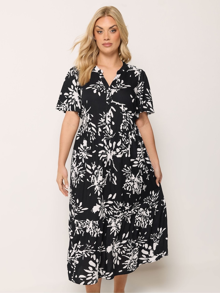 Yours Curve Black Placket Tiered Dress - Image 1 of 4