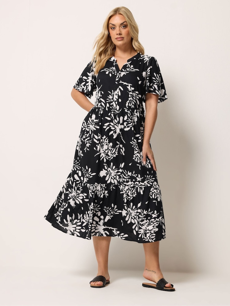 Yours Curve Black Placket Tiered Dress - Image 2 of 4