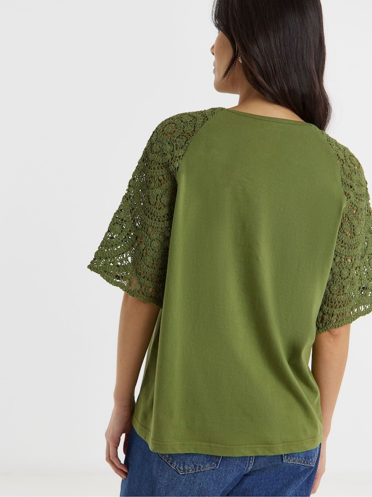 JD Williams Green Broderie Crochet Sleeve Top - Image 2 of 4