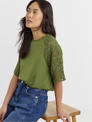 JD Williams Green Broderie Crochet Sleeve Top - Image 3 of 4