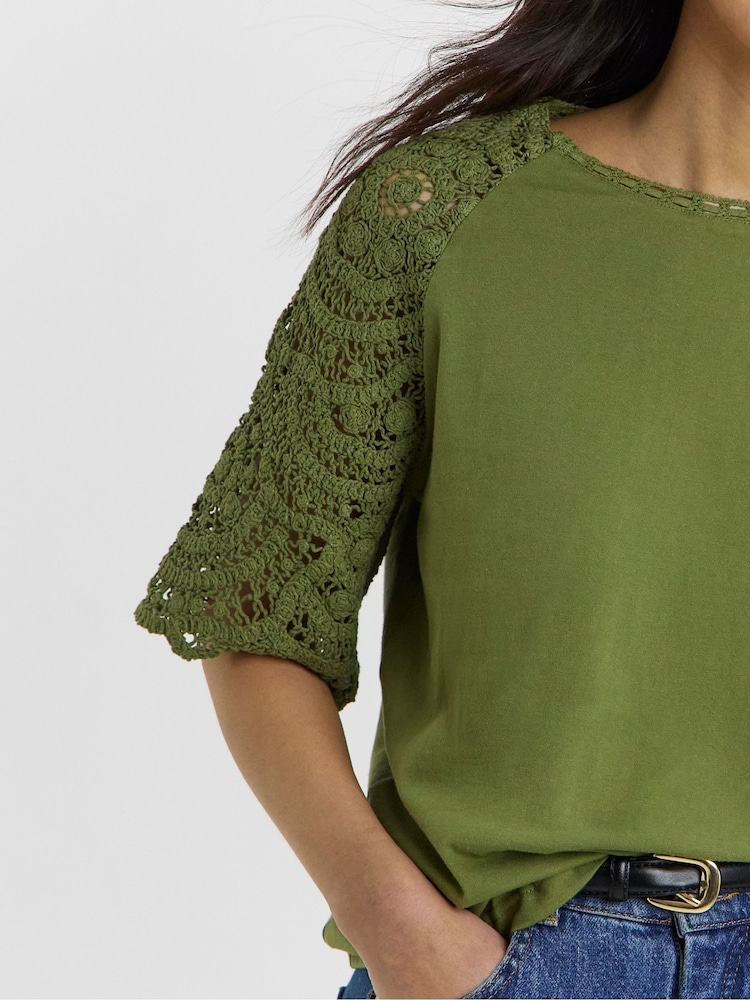 JD Williams Green Broderie Crochet Sleeve Top - Image 4 of 4