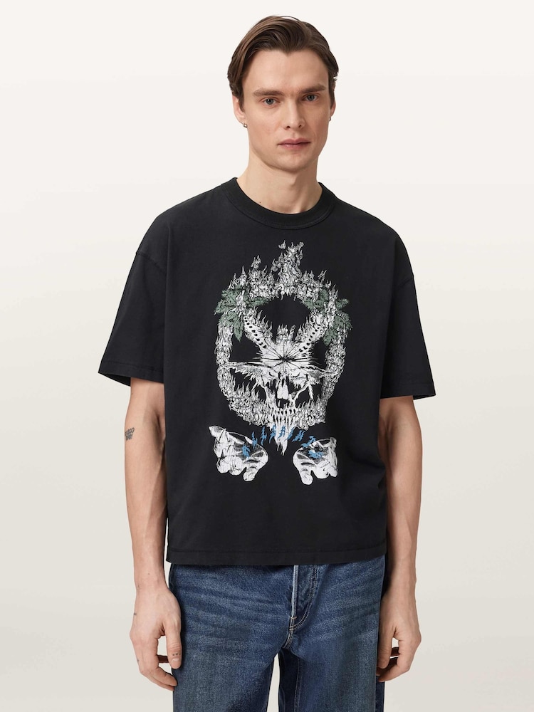 AllSaints Black Palm Ripper Crew T-Shirt - Image 1 of 6