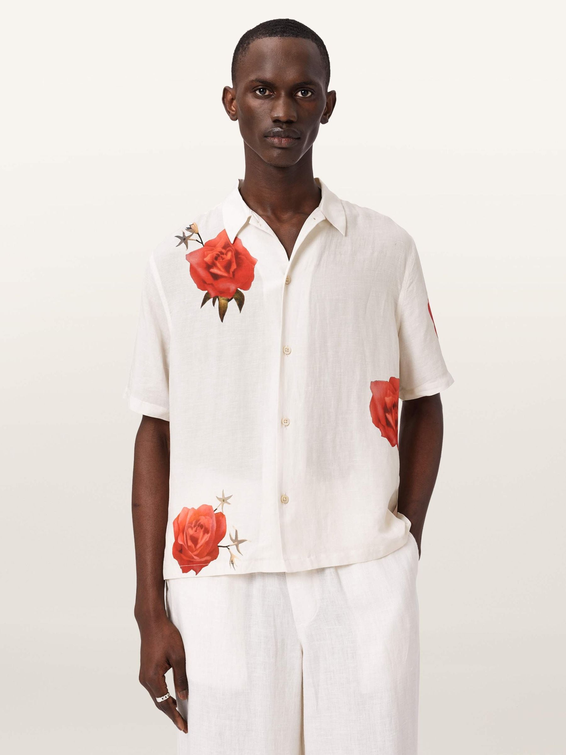 Buy AllSaints Cream Fleur Fazed Linen Blend Short Sleeve Shirt