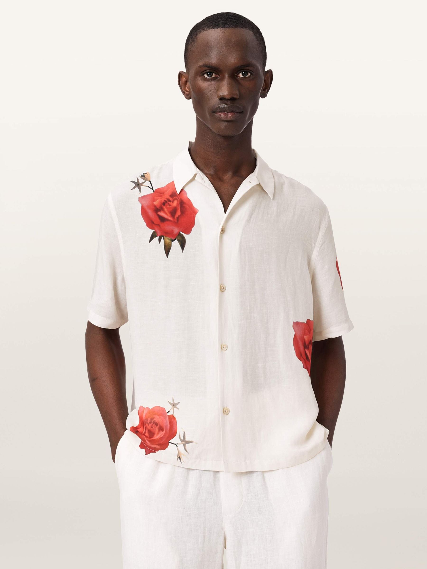 Buy AllSaints Cream Fleur Fazed Linen Blend Short Sleeve Shirt