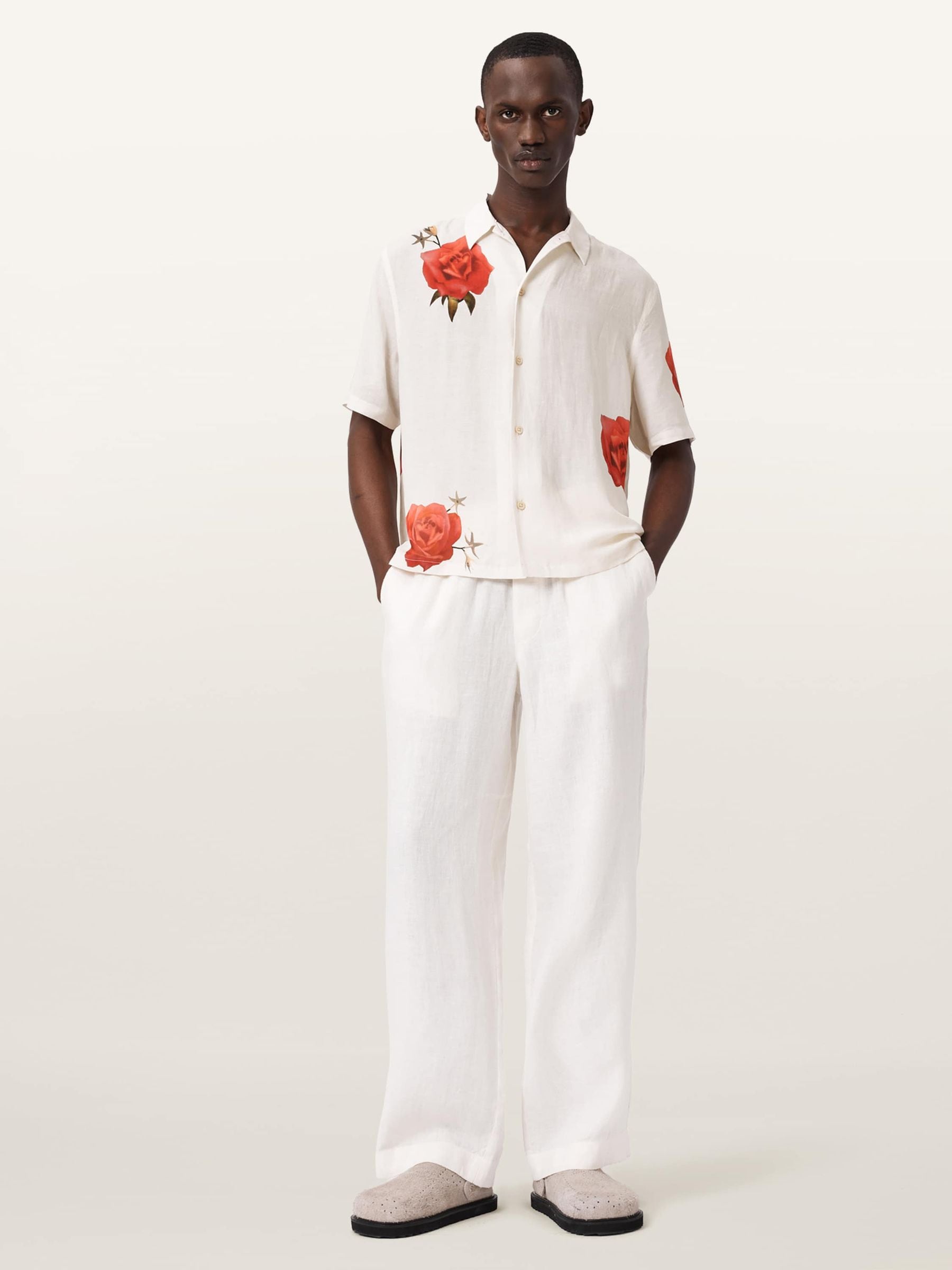 Buy AllSaints Cream Fleur Fazed Linen Blend Short Sleeve Shirt
