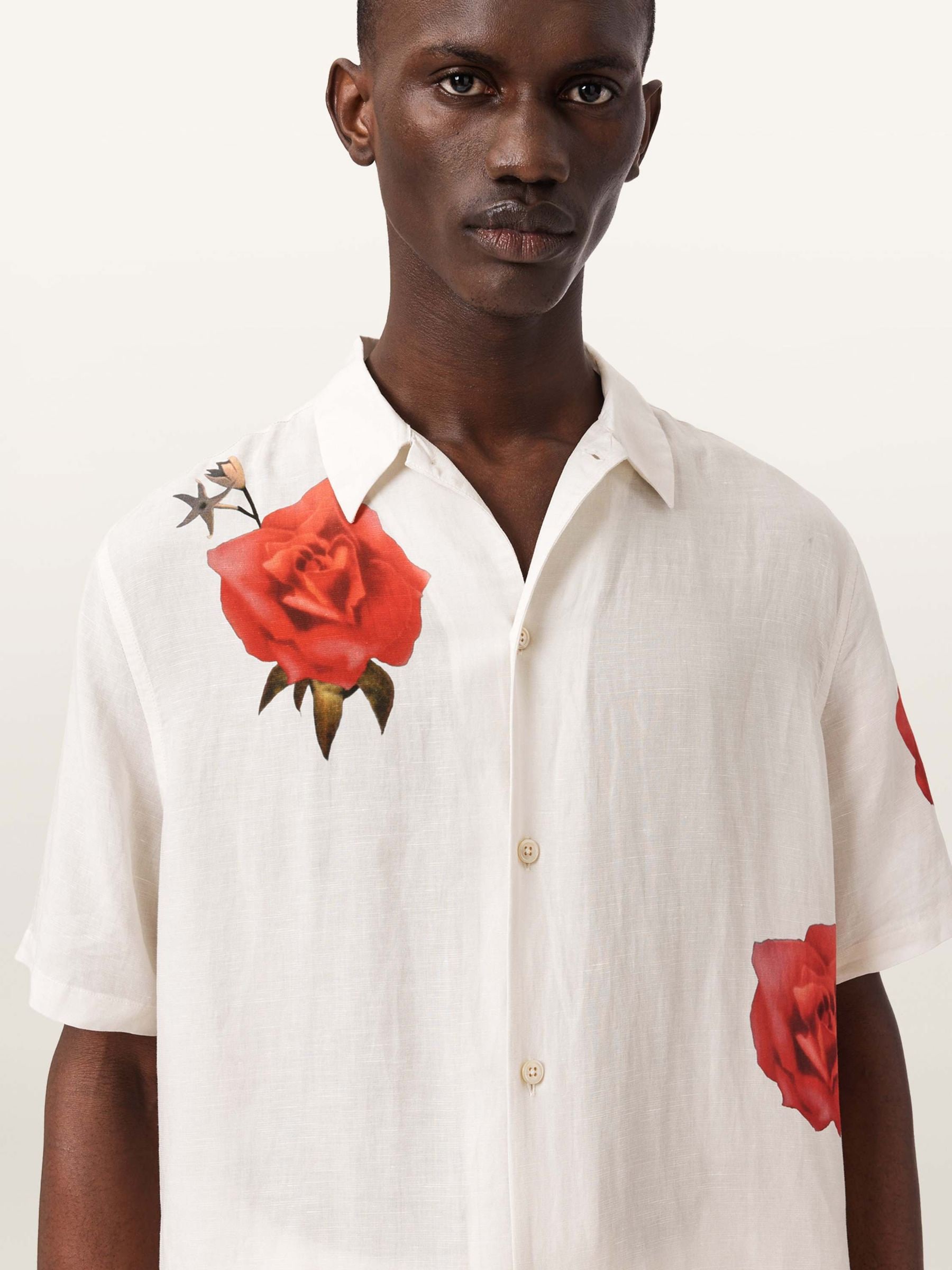Buy AllSaints Cream Fleur Fazed Linen Blend Short Sleeve Shirt