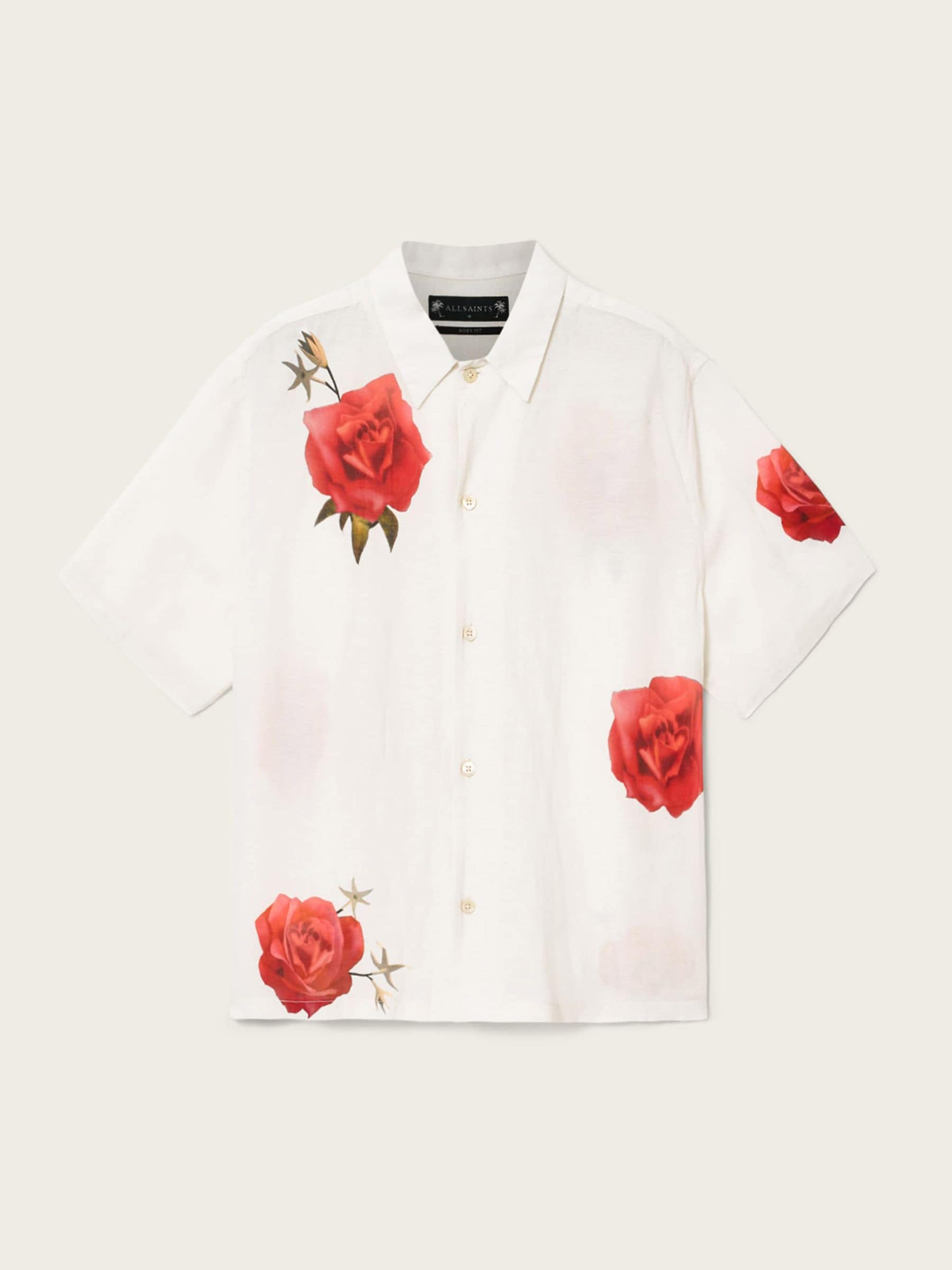 Buy AllSaints Cream Fleur Fazed Linen Blend Short Sleeve Shirt