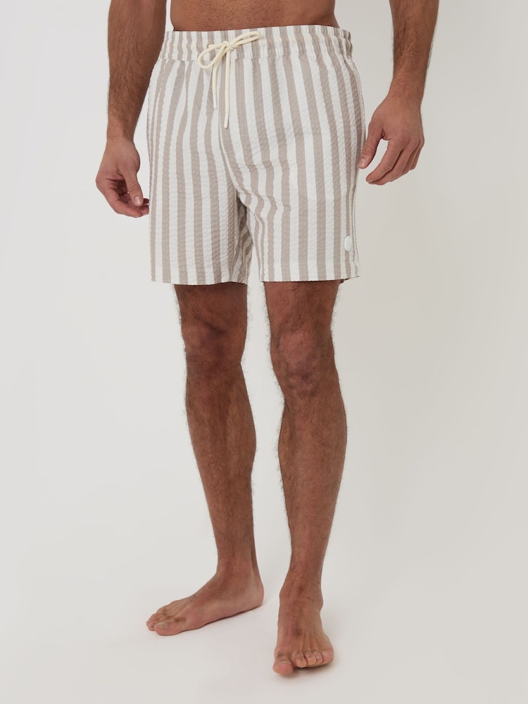 لون طبيعي - Threadbare Stripe Seersucker Swim Shorts - Image 1 of 4