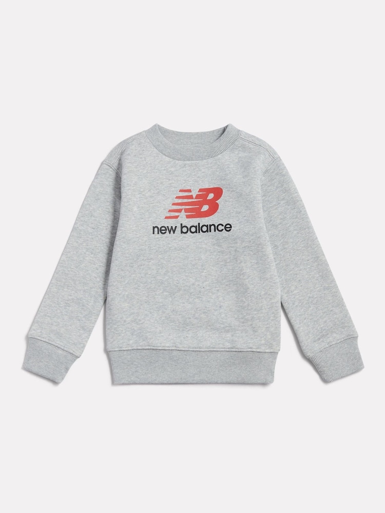 New Balance Grey Stacked Logo Brushback Crew Neck Sweatshirt - Image 1 of 3