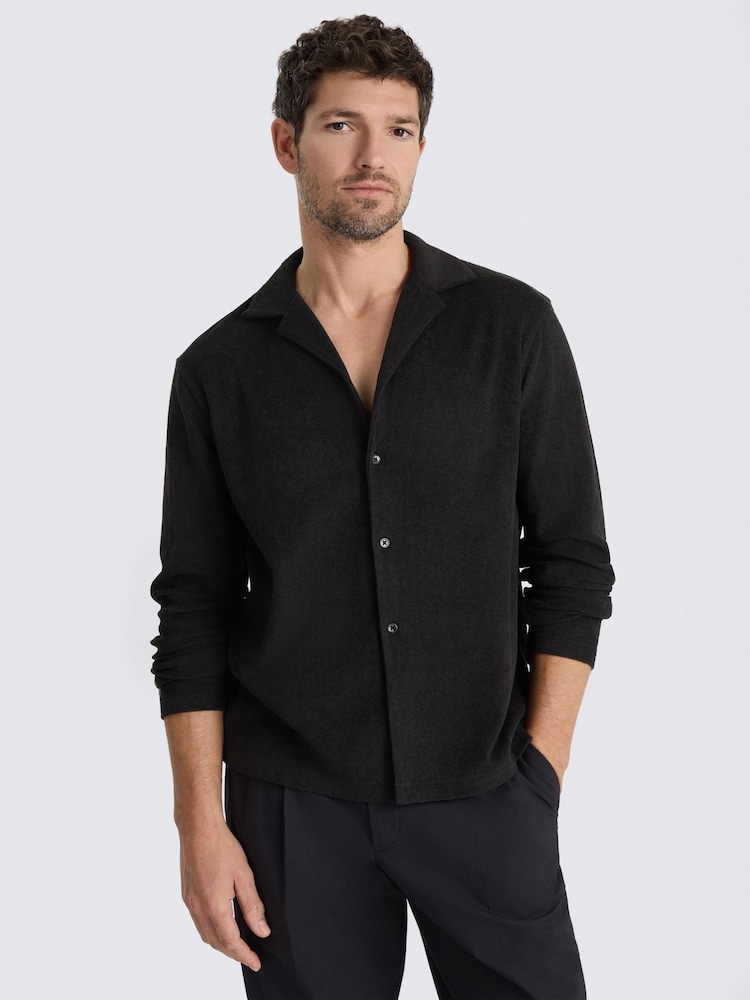 MOSS Black Terry Towelling Button Through Shirt - Image 1 of 4 MOSS Black Terry Towelling Button Through Shirt - Image 1 of 4