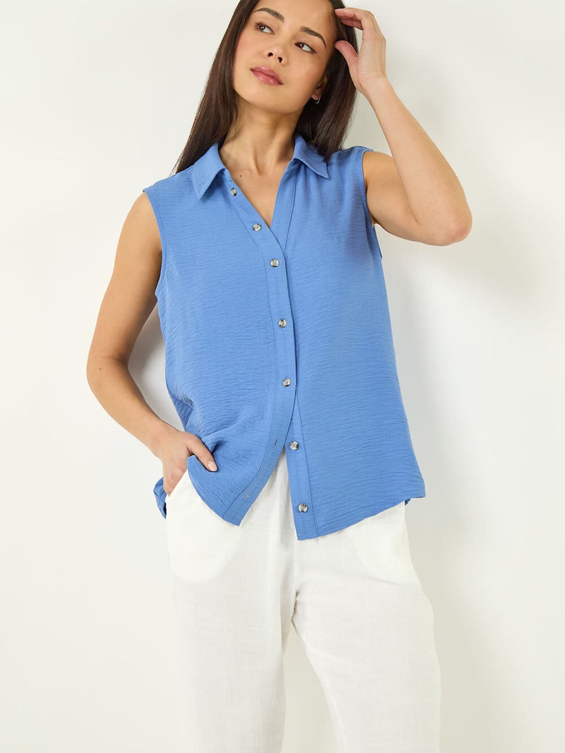 Roman Women's Blue Petite Sleeveless Blouse