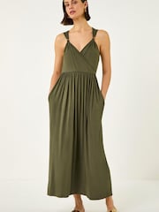 Roman Green Bead Detail Wrap Front Midi Dress - Image 1 of 5