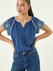 Roman Blue Petite Embroidered V-Neck Top - Image 1 of 5