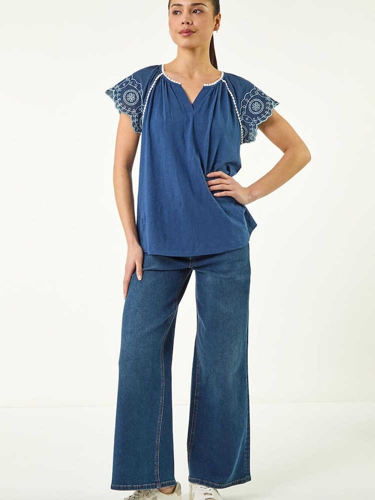 Roman Blue Petite Embroidered V-Neck Top - Image 2 of 5