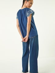 Roman Blue Petite Embroidered V-Neck Top - Image 3 of 5