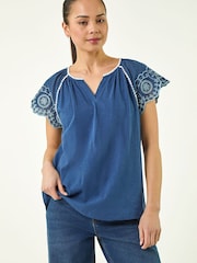 Roman Blue Petite Embroidered V-Neck Top - Image 4 of 5