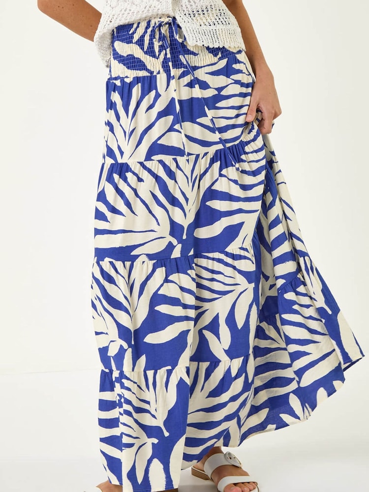 Roman Blue Mono Print Shirred Maxi Skirt - Image 1 of 5