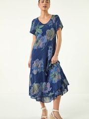Roman Blue Petite Abstract Print Layered Hem Dress - Image 4 of 5