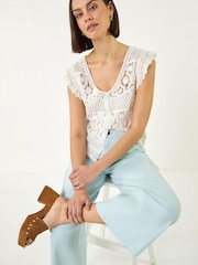 Roman Blue Frayed Edge Ankle Denim Trousers - Image 1 of 5