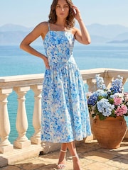 Roman Blue Petite Floral Strappy Drop Waist Dress - Image 1 of 4