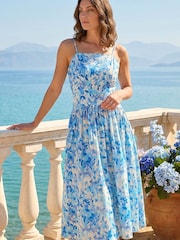 Roman Blue Petite Floral Strappy Drop Waist Dress - Image 2 of 4