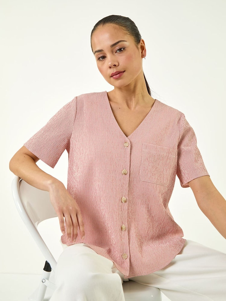 Roman Pink Petite Gingham Buttoned Top - Image 1 of 5 Roman Pink Petite Gingham Buttoned Top - Image 1 of 5