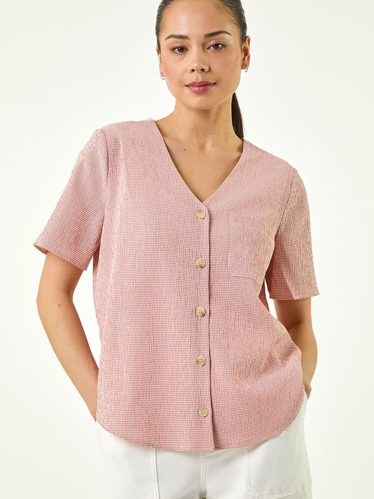 Roman Pink Petite Gingham Buttoned Top - Image 2 of 5 Roman Pink Petite Gingham Buttoned Top - Image 2 of 5