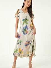 Roman Natural Petite Floral Print Layered Hem Dress - Image 2 of 5