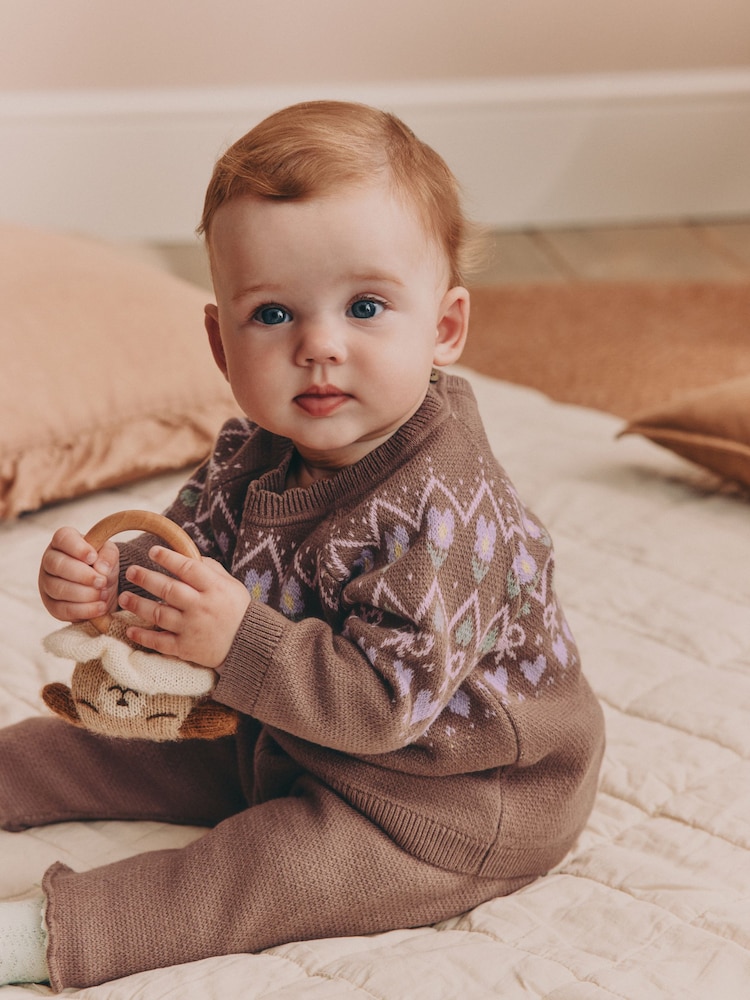 Chocolate Brown Fairisle Knitted Jumper and Legging Baby Set 2 Piece (0mths-2yrs) - Image 1 of 12 Chocolate Brown Fairisle Knitted Jumper and Legging Baby Set 2 Piece (0mths-2yrs) - Image 1 of 12