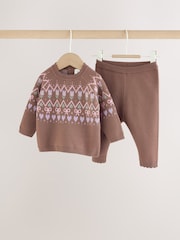 Chocolate Brown Fairisle Knitted Jumper and Legging Baby Set 2 Piece (0mths-2yrs) - Image 5 of 12
