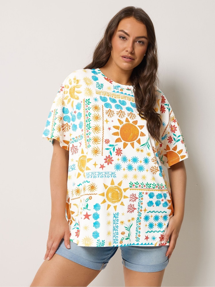 Yours Curve Cream Sun Patch Stepped Hem Boxy T-Shirt - Image 1 of 5