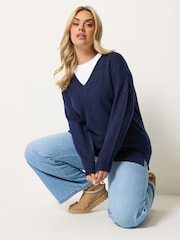 Yours Curve Navy Blue V-Neck Soft Touch Jumper - Image 1 of 5