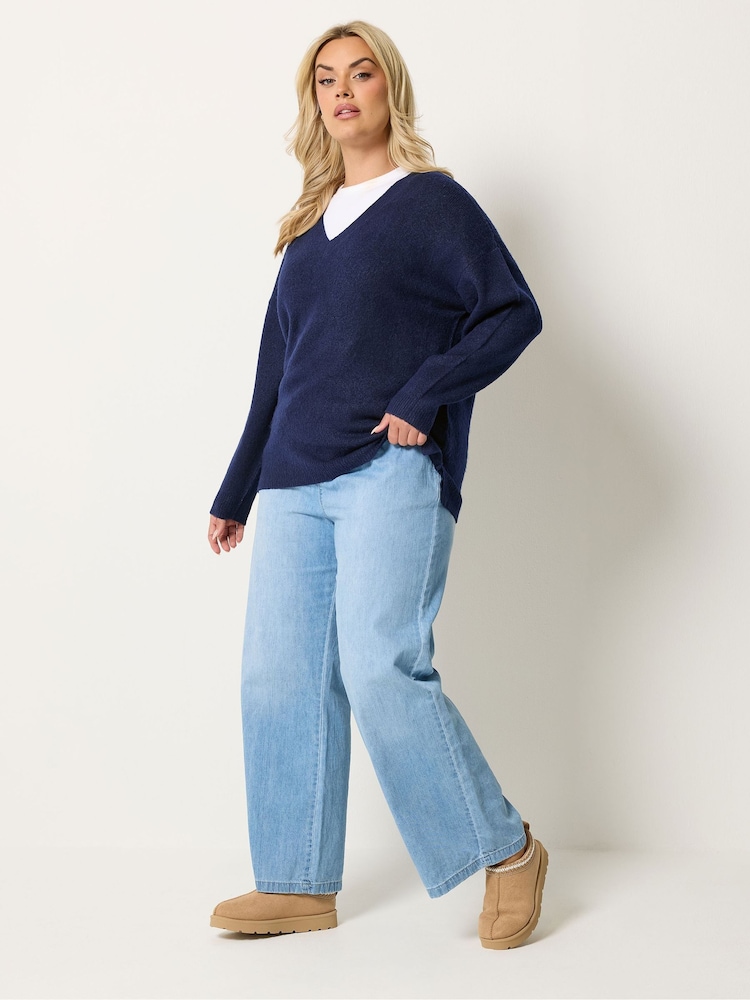 Yours Curve Navy Blue V-Neck Soft Touch Jumper - Image 2 of 5 Yours Curve Navy Blue V-Neck Soft Touch Jumper - Image 2 of 5