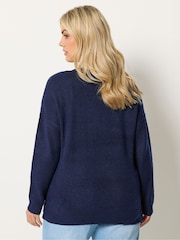 Yours Curve Navy Blue V-Neck Soft Touch Jumper - Image 3 of 5