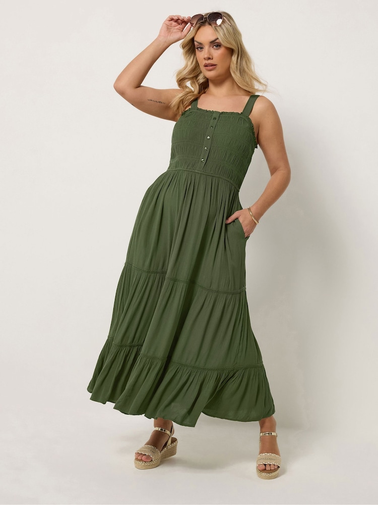 Yours Curve Green Shirred Placket Dress - Image 1 of 5