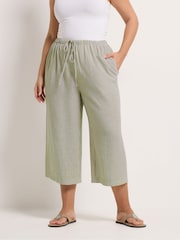 Yours Curve Green Stripe Linen Look Cropped Trousers - Image 1 of 5