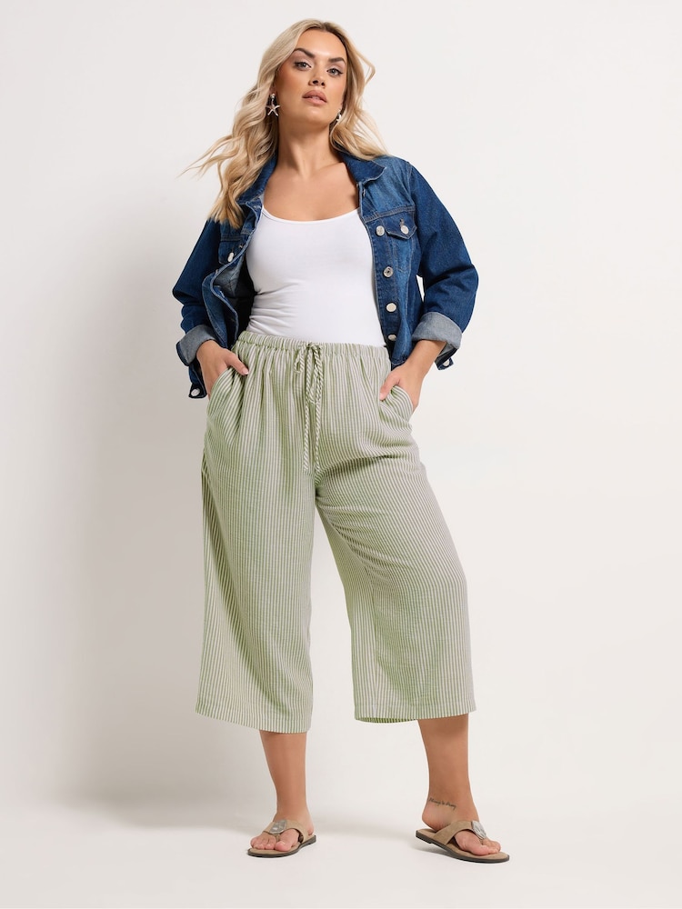Yours Curve Green Stripe Linen Look Cropped Trousers - Image 2 of 5