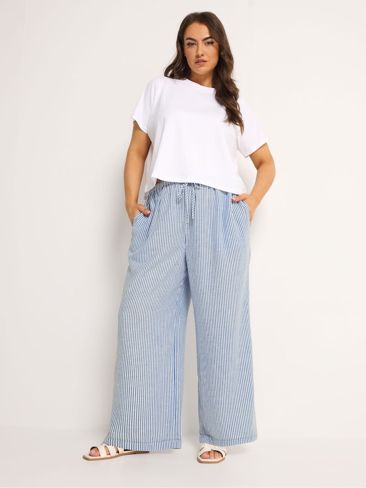 Yours Curve Blue Stripe Linen Look Trousers - Image 1 of 6