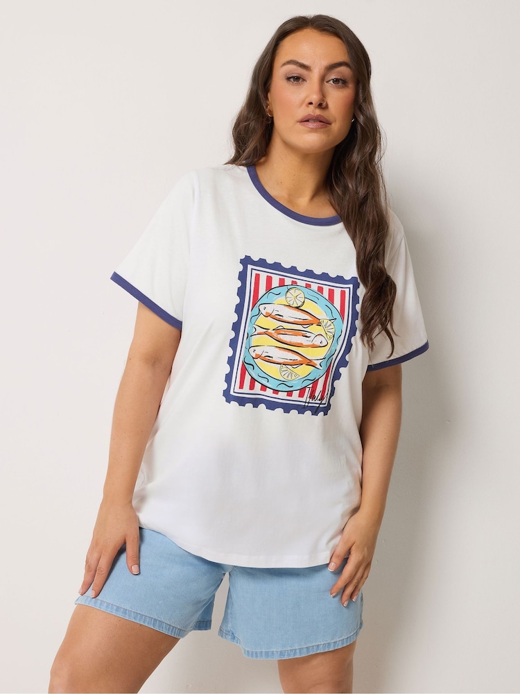 Yours Curve White Ringer Placement T-Shirt - Image 1 of 5