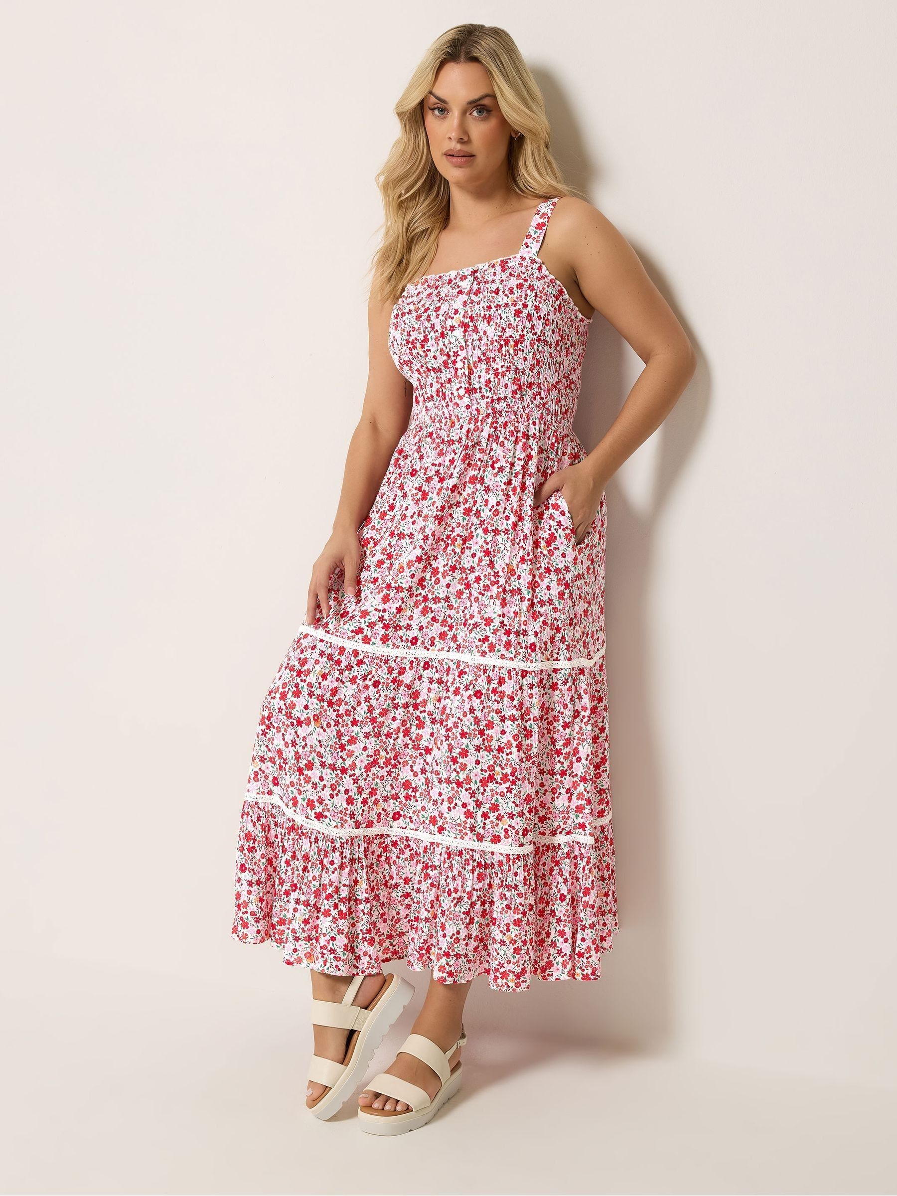 Yours Women's Pink Shirred Floral Placket Dress In | Size: 30-32 - Image 1