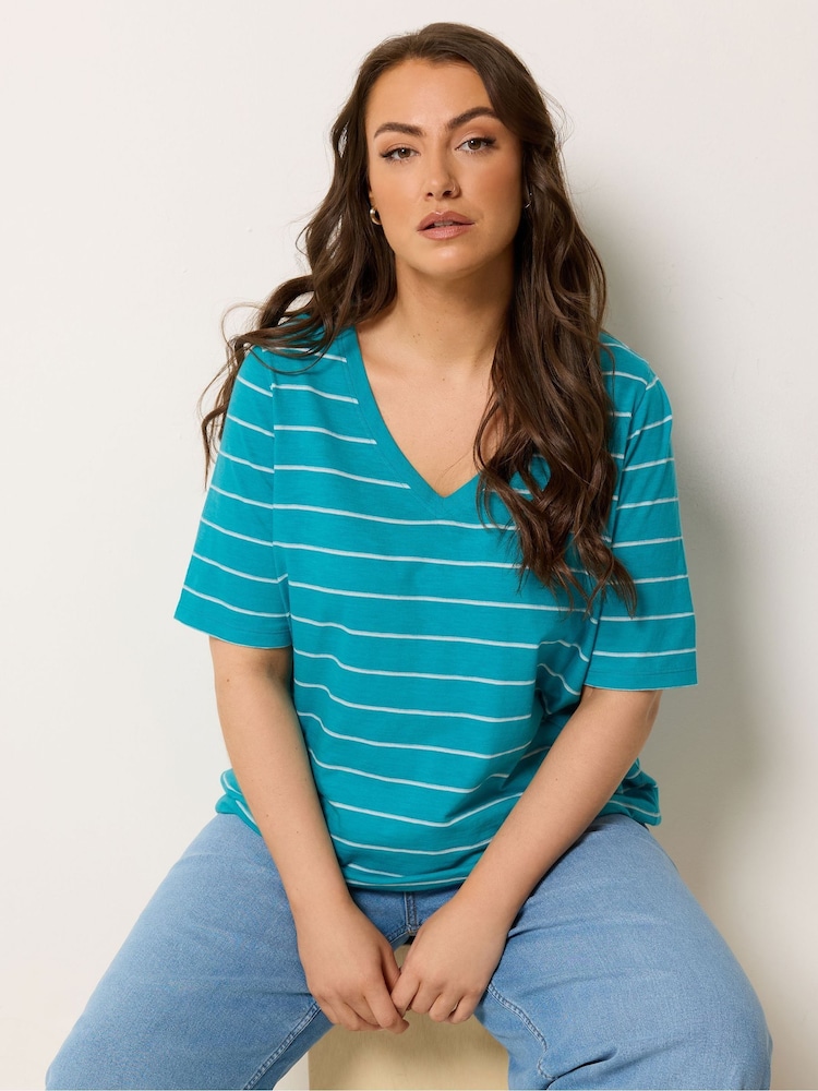 Yours Curve Blue Stripe Short Sleeve T-Shirt - Image 1 of 5