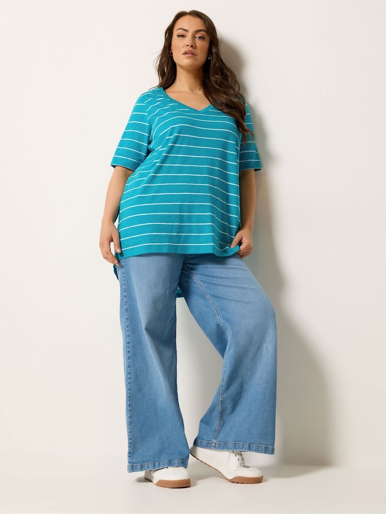 Yours Curve Blue Stripe Short Sleeve T-Shirt - Image 2 of 5