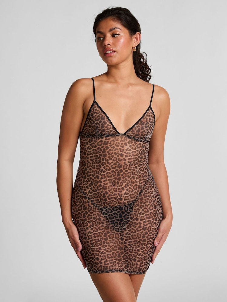 Hunkemoller Black Leopard Mesh Slip Dress - Image 1 of 5