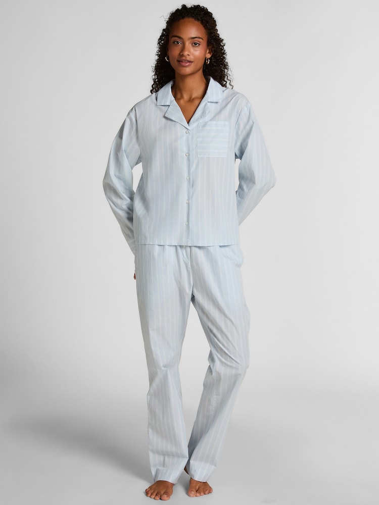 Hunkemoller Blue Woven Cotton Stripe Joggers - Image 1 of 5