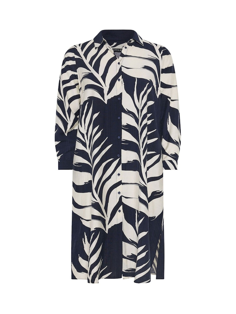 Evans Blue Leaf Print Shirt Dress - Image 1 of 1 Evans Blue Leaf Print Shirt Dress - Image 1 of 1
