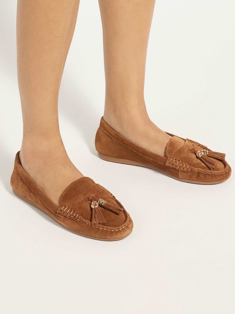 Dune London Dark Tan Brown Standard Fit Leather Geen Tassle Detail Soft Loafers - Image 1 of 6